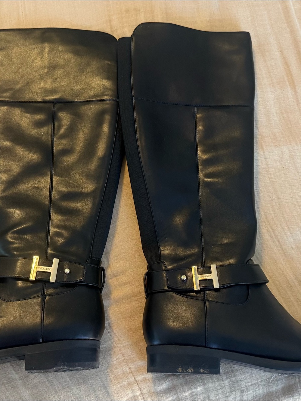 Tommy Hilfiger Black Leather Knee-High Riding Boots with Gold Buckles
